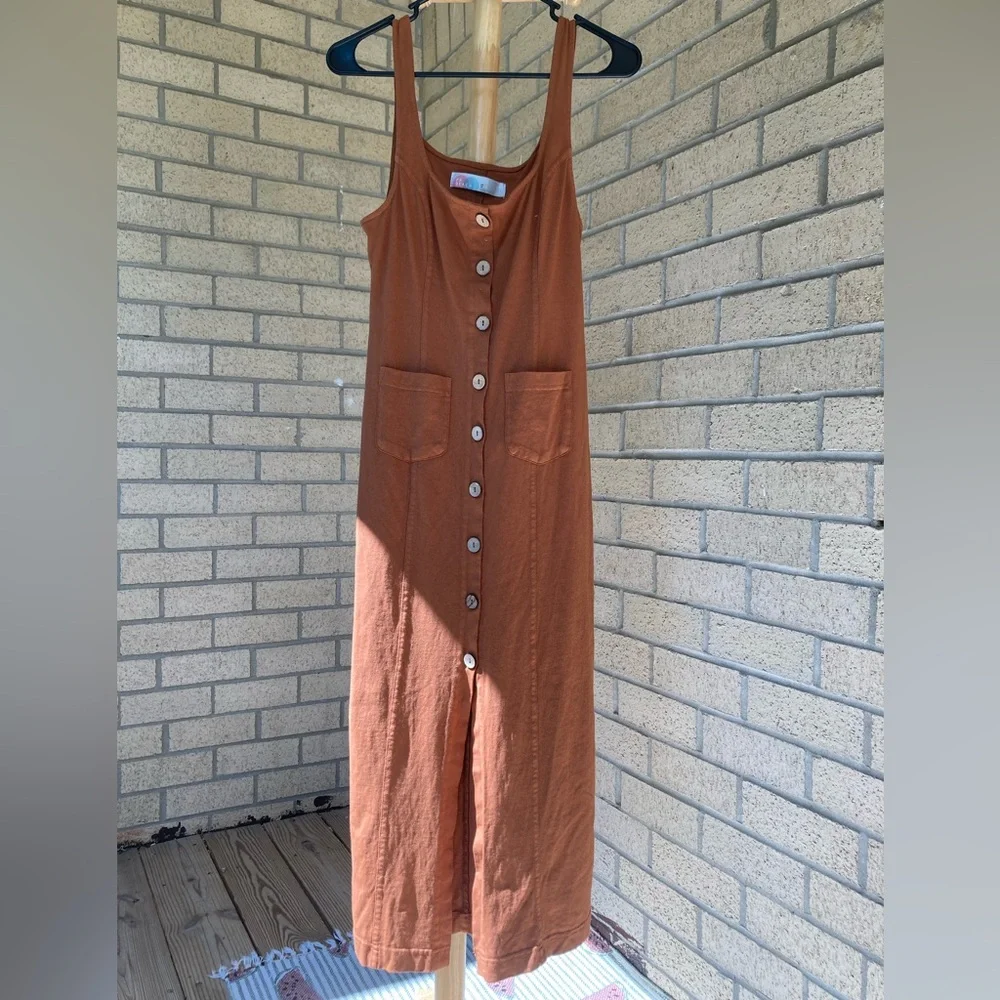 Free People 100% Cotton Wooden Button Front Pocket Front Orange Brown Dress